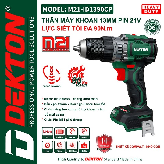 Máy khoan pin 3 chức năng dùng pin 21V DEKTON M21-ID1390CP