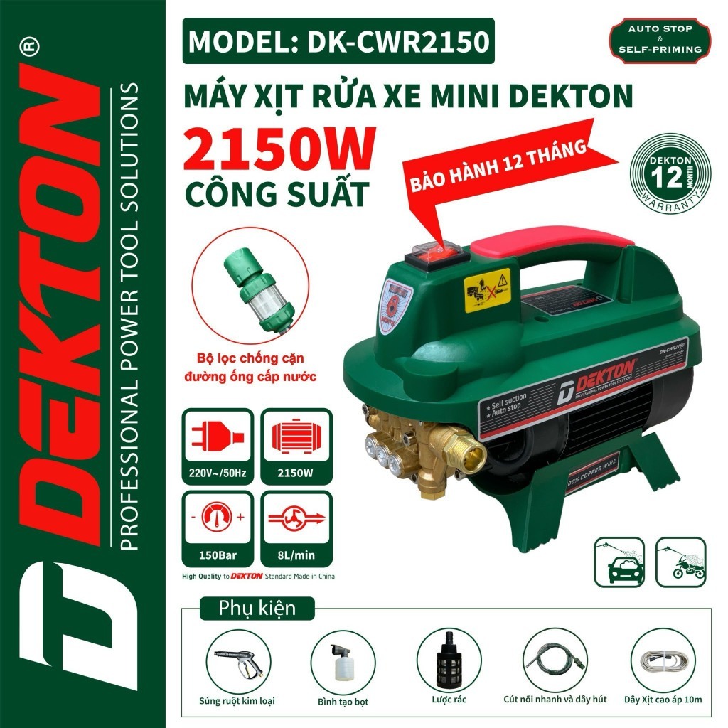 Máy Rửa Xe Dekton DK-CWR2150 - công suất 2150W - lõi đồng 100% bảo hành chính hãng Thân Máy Gọn Nhẹ