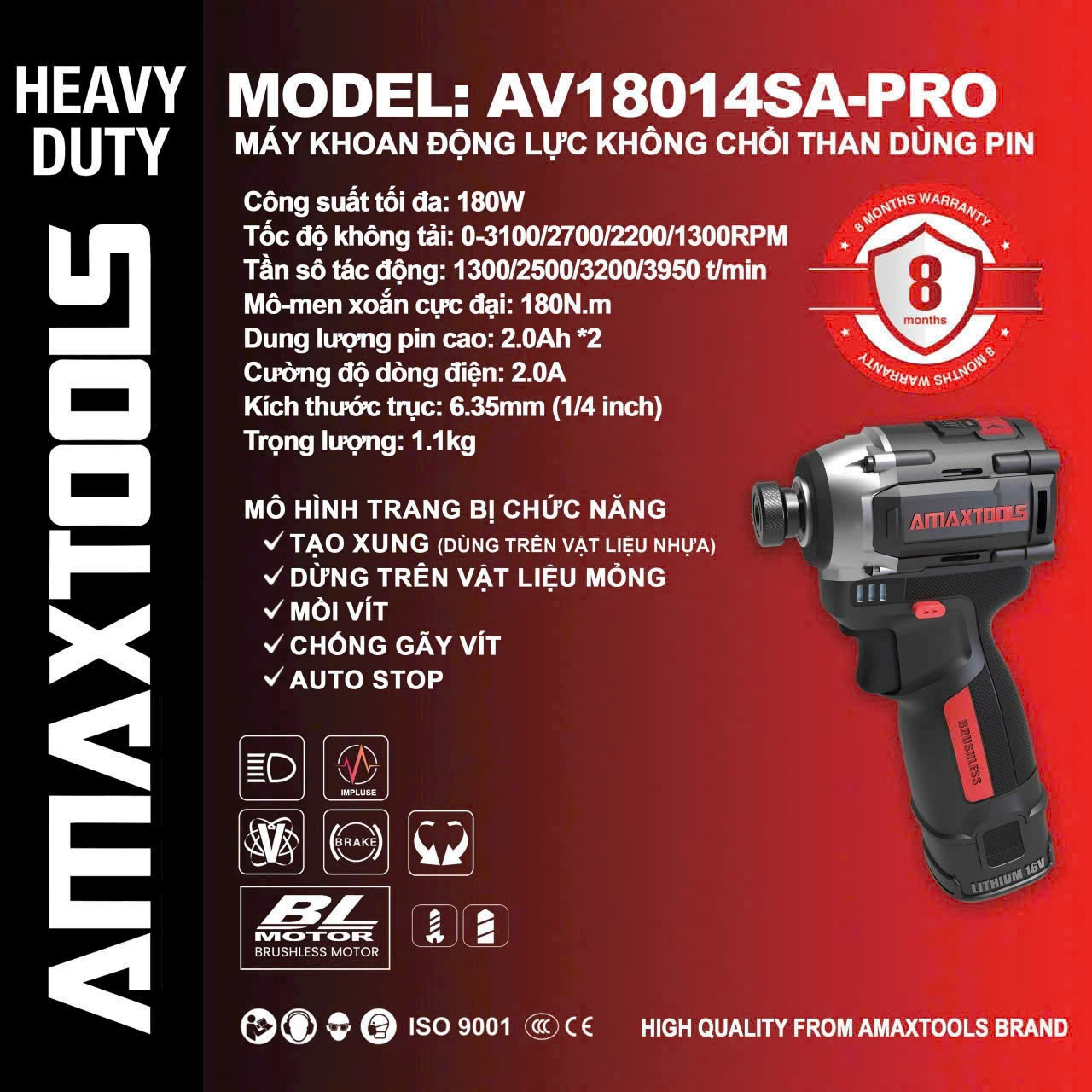Máy khoan động lực không chổi than Amaxtools AV18014SA-PRO
