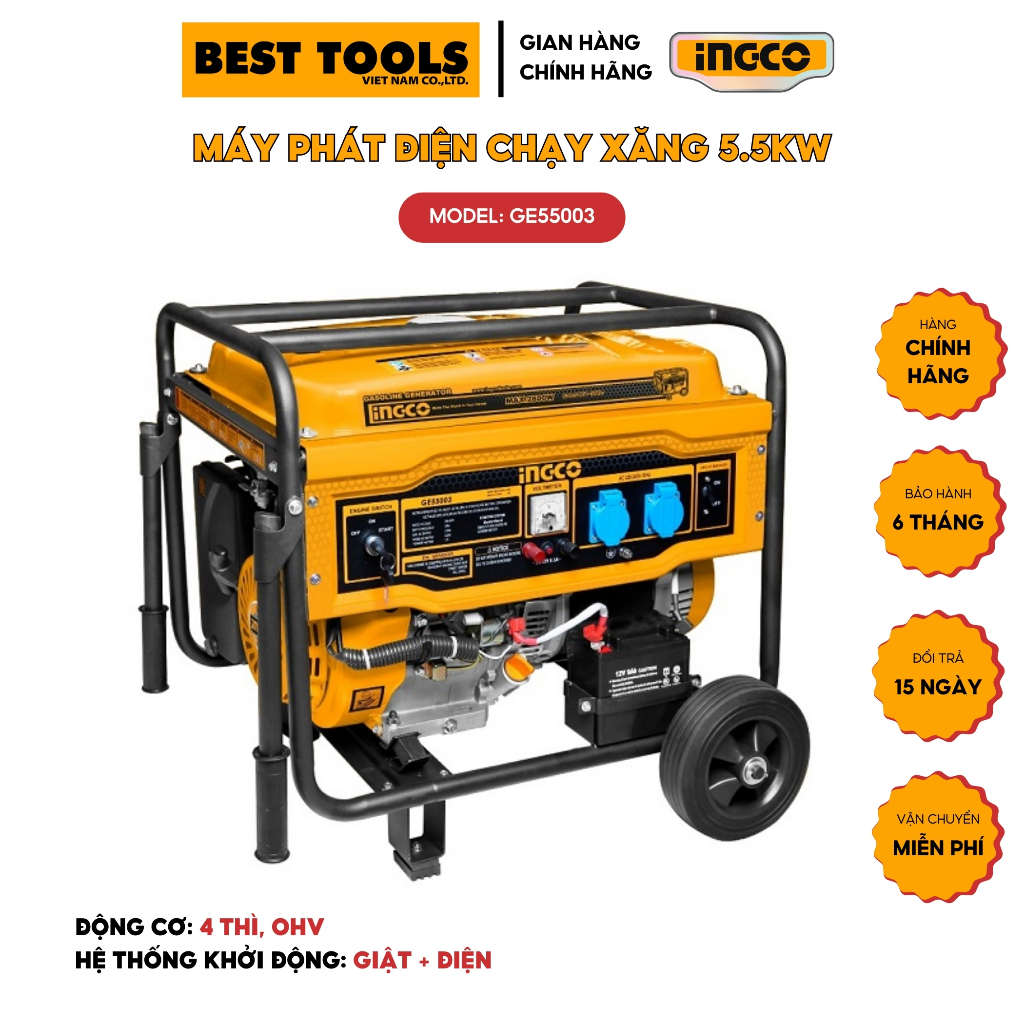 Máy phát điện công suất 5.5KVA INGCO GE55003 chạy xăng 100% dây đồng khởi động giật nổ đề điện.