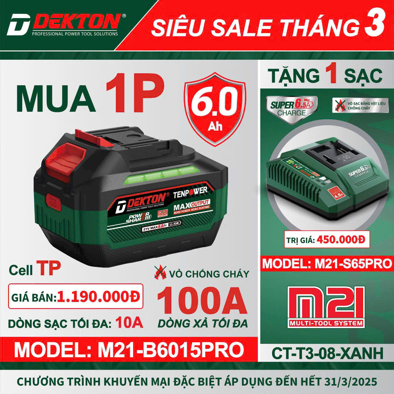 Pin DEKTON M21-B6015PRO xanh