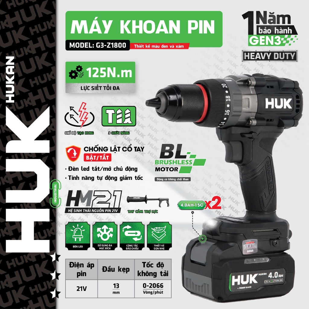 Máy khoan pin HUKAN HUK G3-Z1800, Không chổi than 125Nm, Có tạo xung + Chống lật cổ tay