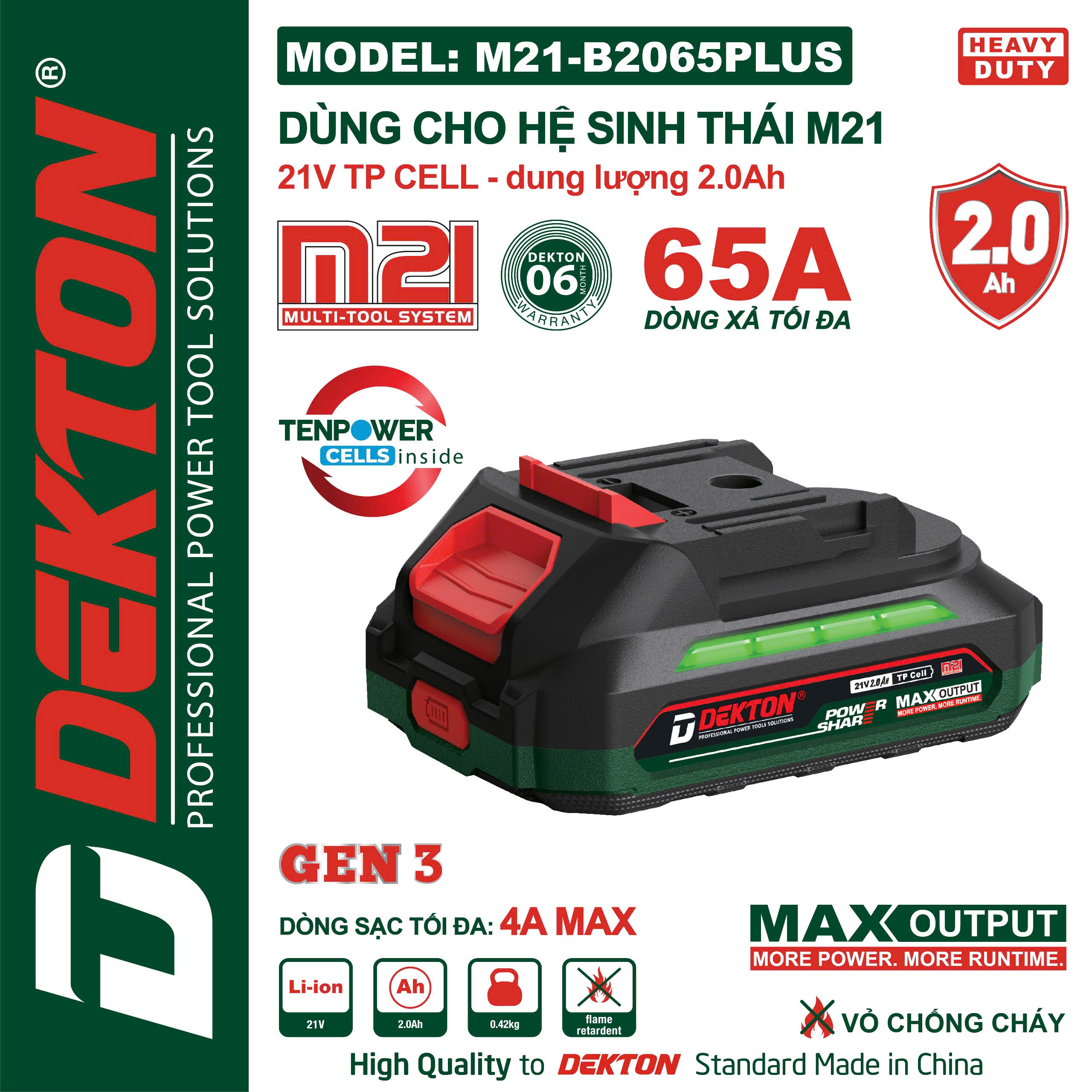 Pin 21V gen 3 Dekton M21-B2065PLUS - Dòng xả 65A
