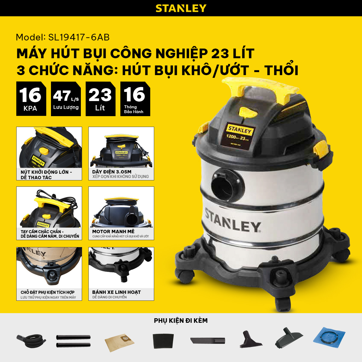 Máy hút bụi khô và ướt 1200W Stanley SL19417-6AB (23L)