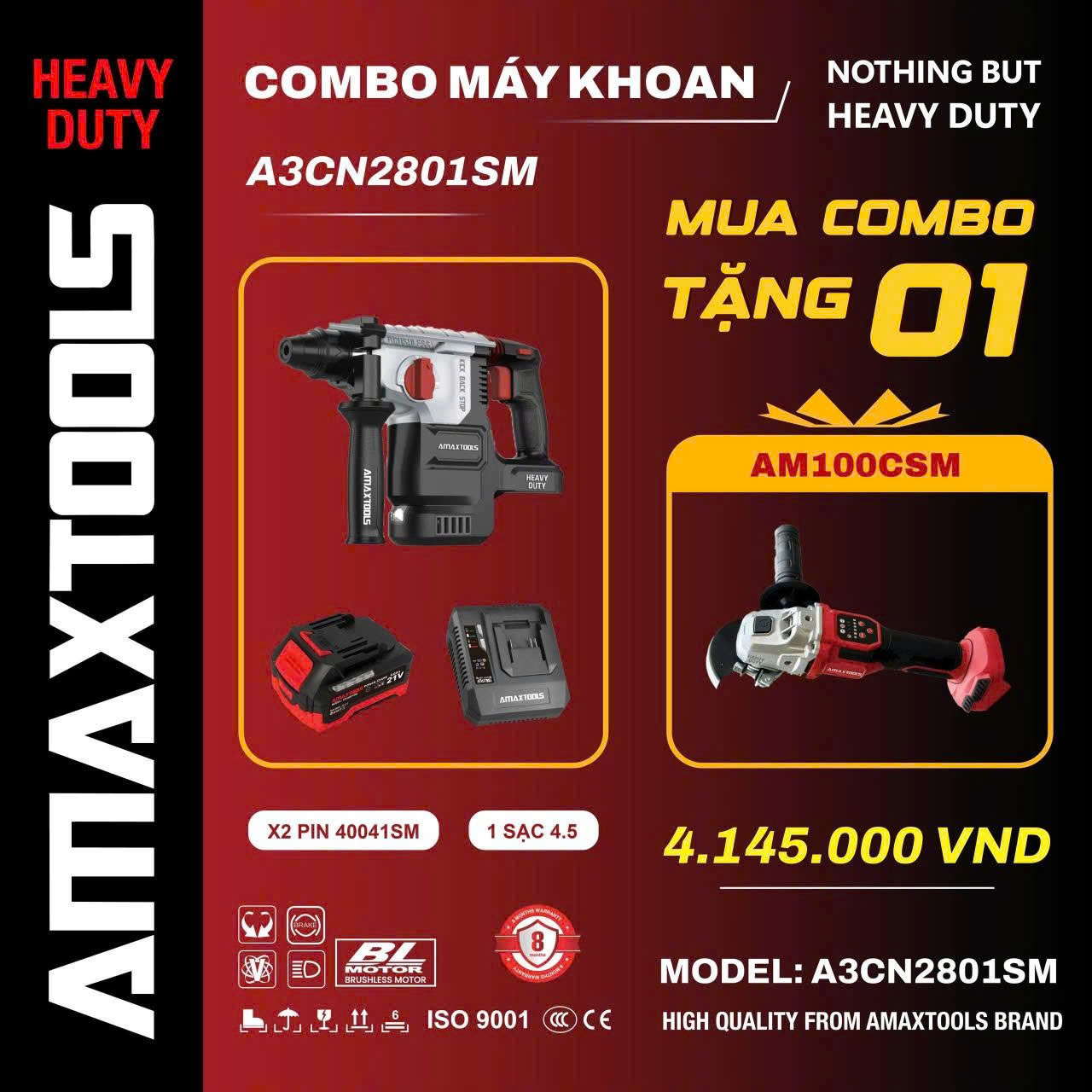 Máy khoan đục bê tông Amaxtools A3CN2801-SM công suất 850W
