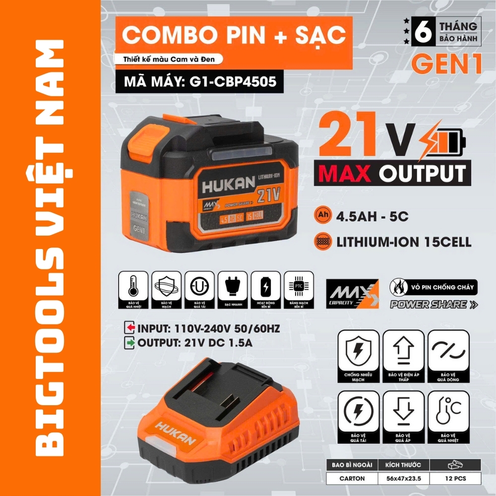 Combo Pin + Sạc HUKAN G1-CBP4505 21V - 15Cell - Dung Lượng Cao, Sạc Nhanh
