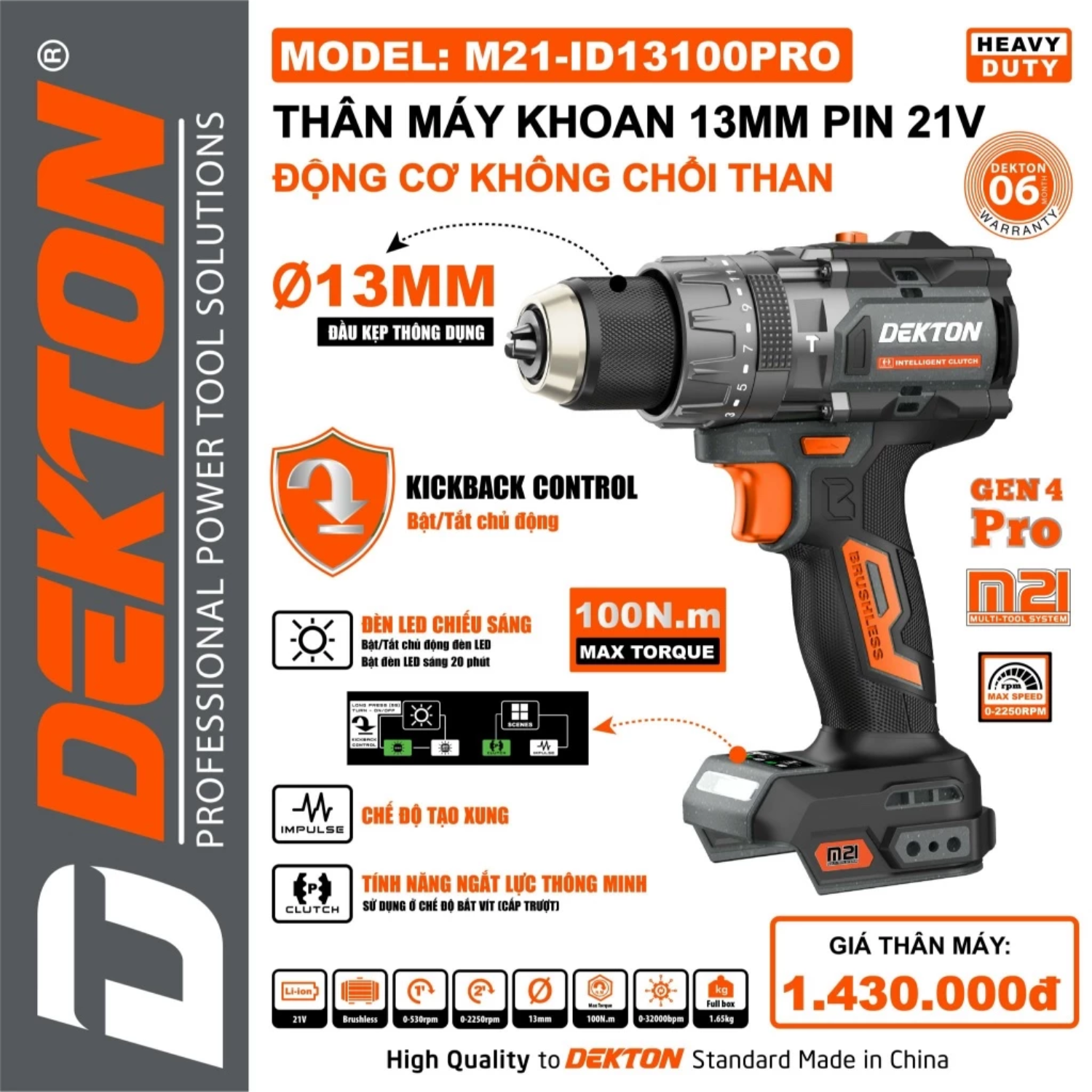 Máy Khoan Pin Dekton 21V Công Suất 100N.m M21-ID13100PRO Gen 4 Pro