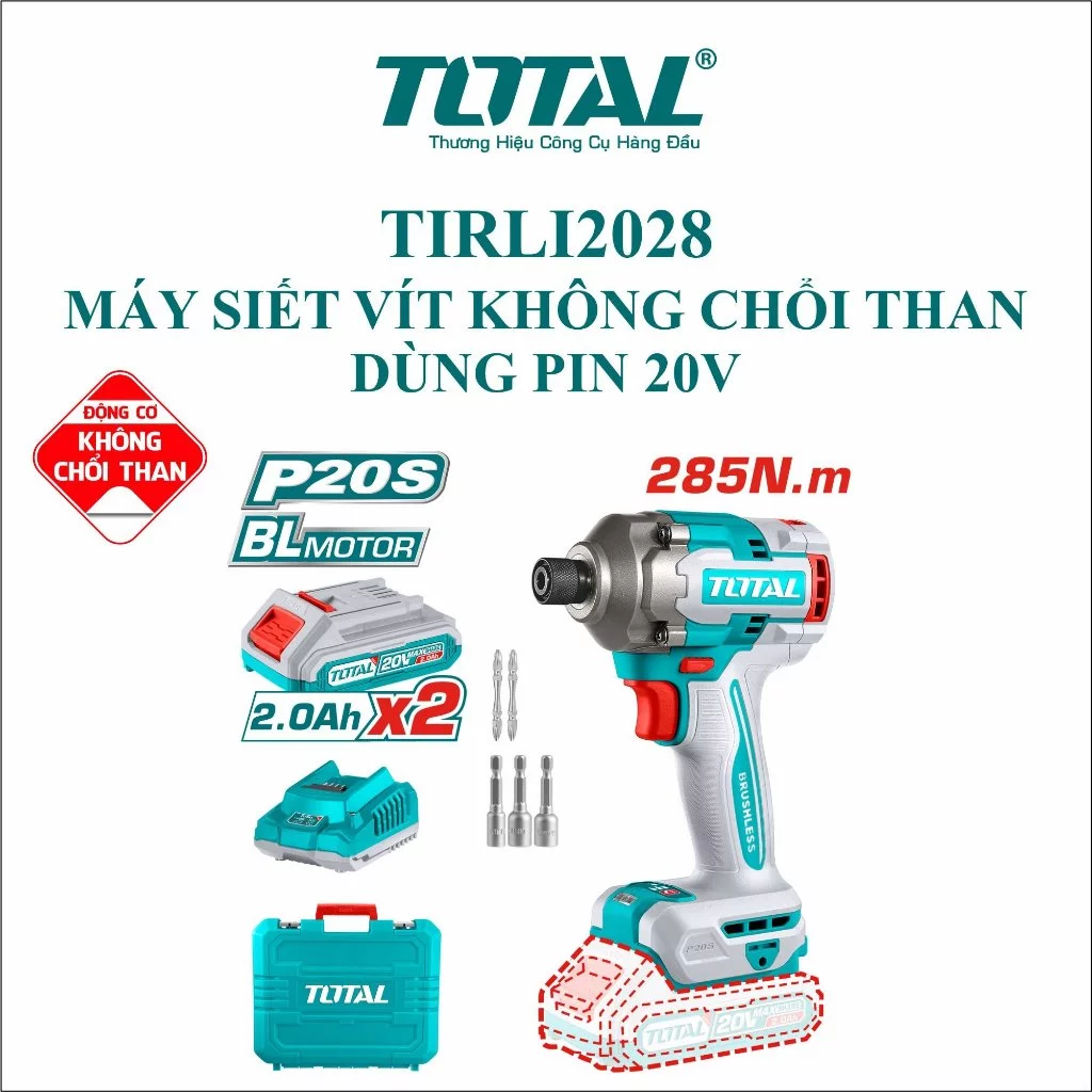 Máy siết vít không chổi than dùng pin 20V TOTAL TIRLI2028 mô-men xoắn cực đại 285Nm hàng chính hãng